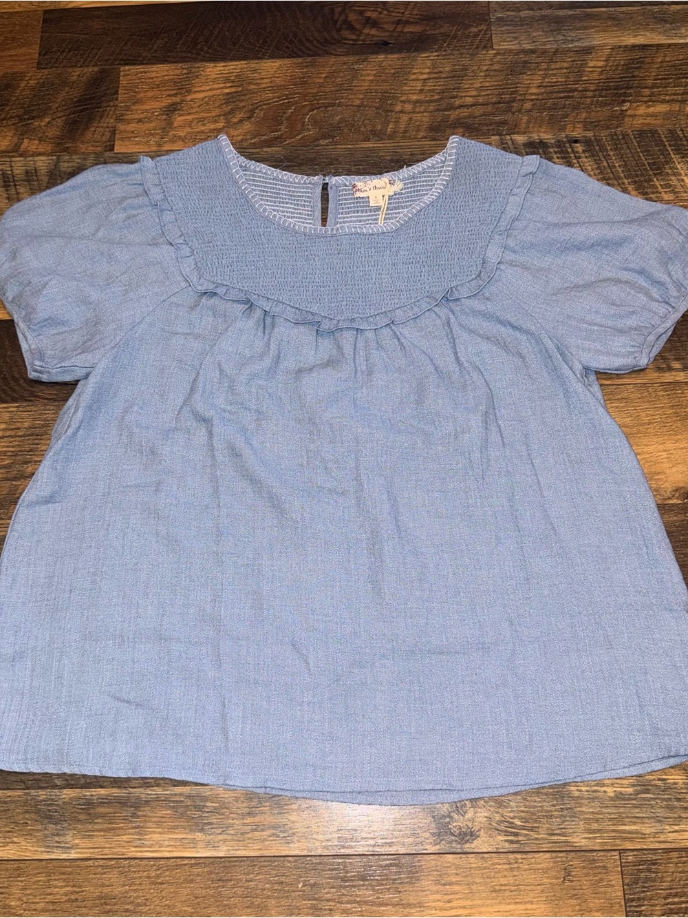 Hem & Thread Powder Blue Smocked Yoke Short Sleeve Blouse